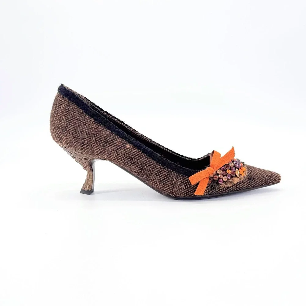 Prada Brown Wool Tweed Kitten Heel Pumps IT 37 US 7 Crystal Bow Pointed Toe - Picture 12 of 12